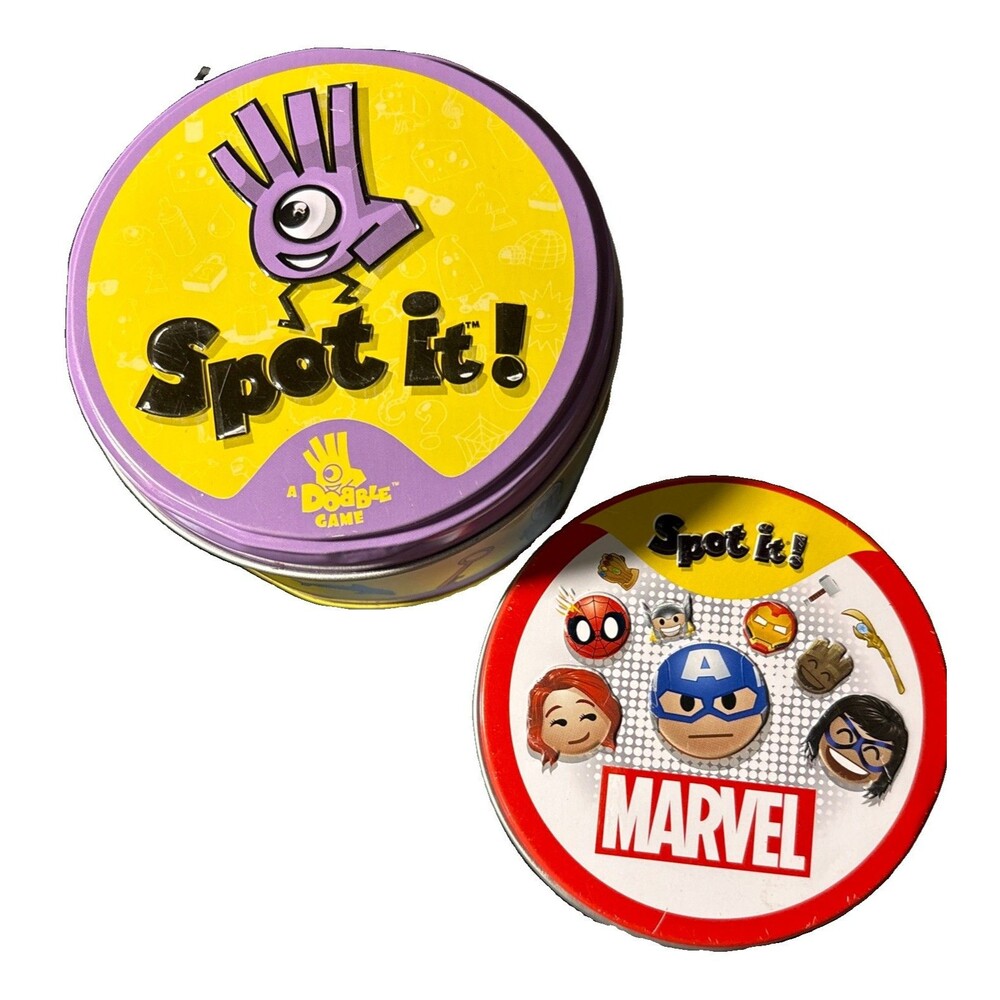 Spot It! Card Game Lot of 2 - Classic Edition & Marvel Emojis Tins Complete